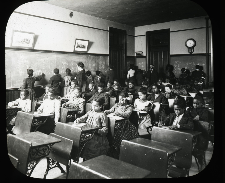 Benjamin Banneker Elementary, a school for Black children in circa 1900 segregated St. Louis City. Banneker was an African American astronomer, mathematician, and architect, Photo located at Missouri History Museum.